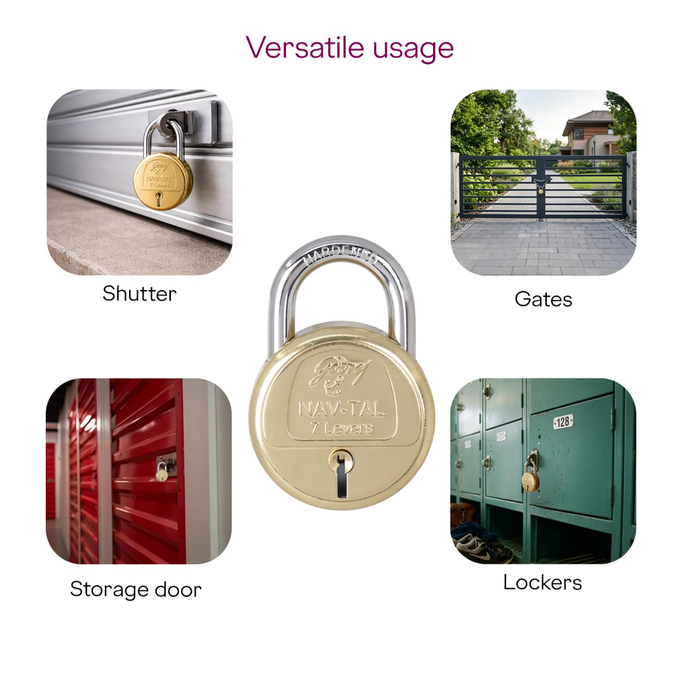Godrej Locks | Navtal 7 Lever with 21mm Shut Height | 65mm | Heavy Duty Brass Lock with Hardened Steel Shackle | 2 Keys | for Main Doors, Gates, Shutters, Lockers and Warehouses | 1 Yr Warranty I 3290